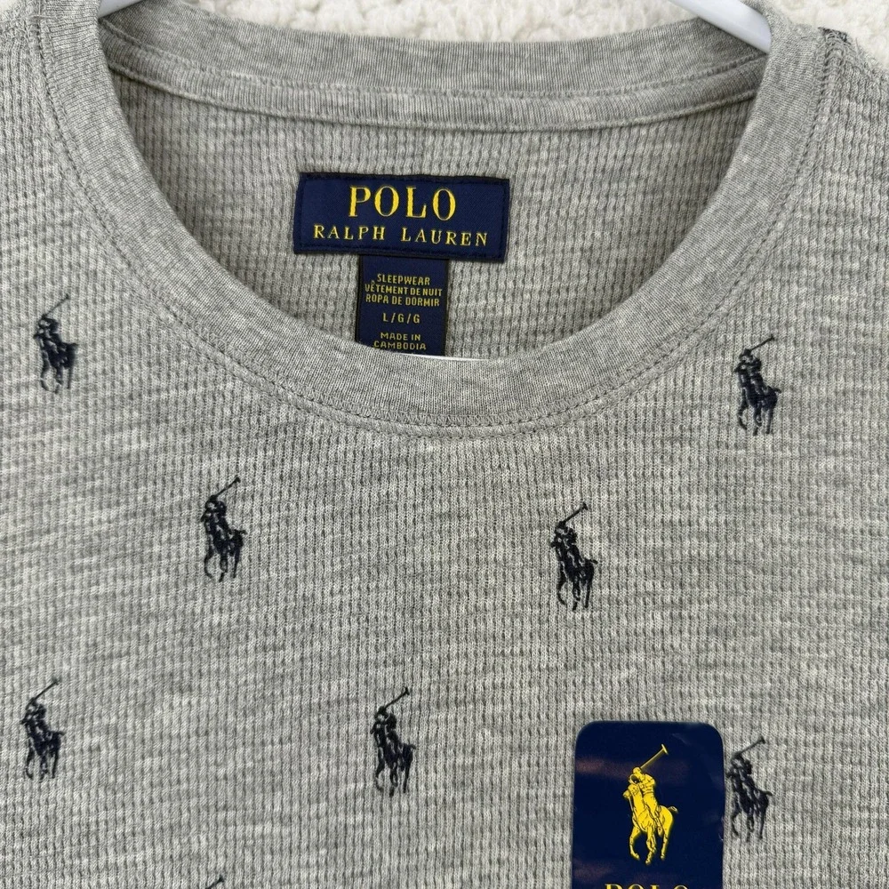 Polo Ralph Lauren Shirt Mens Large Gray Waffle Pony Logo Henley Sleep Pajama NWT